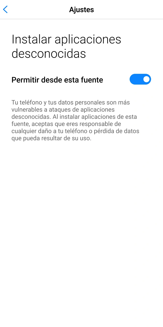 Habilitá fuentes desconocidas para instalar la app Fortunazo en Android.