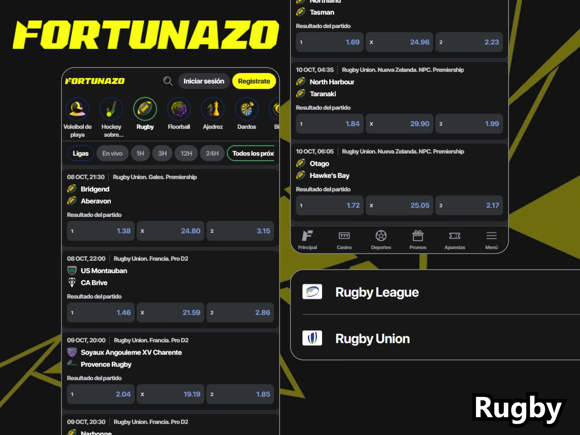Explora las apuestas de rugby disponibles en la app Fortunazo.