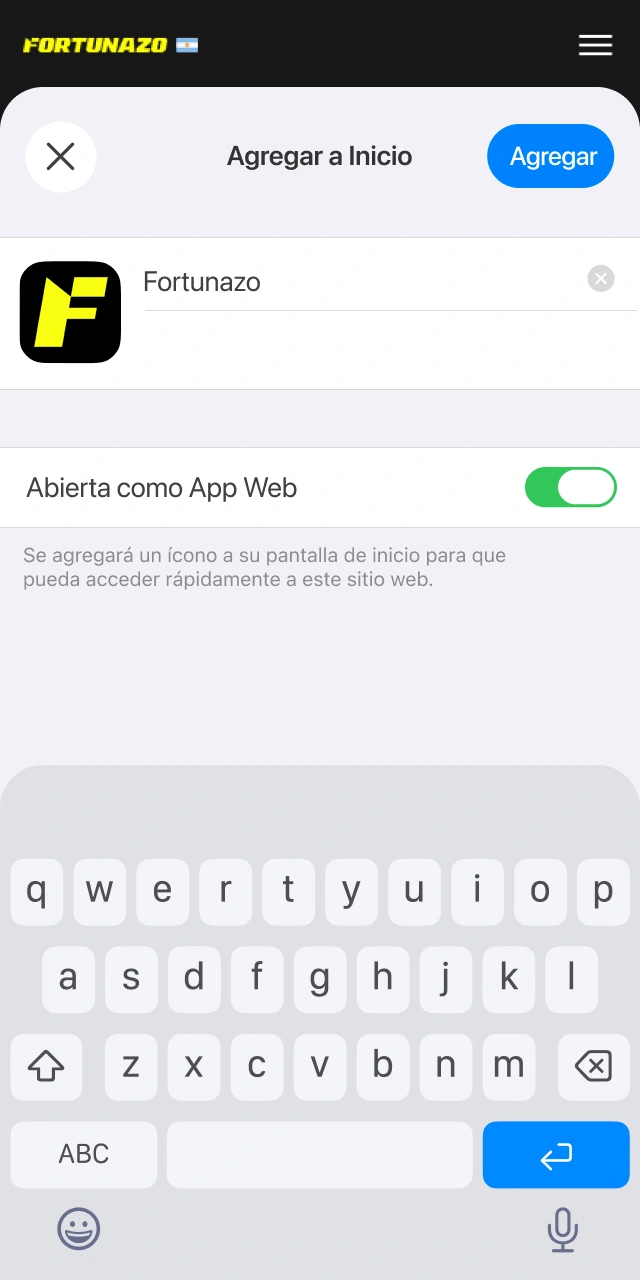 Confirmá la instalación de la app de Fortunazo en tu dispositivo iOS.